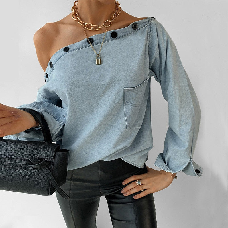 Fashion Women Denim T-Shirts for Streetwear Patchwork Design Button Decor Slash Neck Long Sleeve Spring Autumn Casual Loose Top