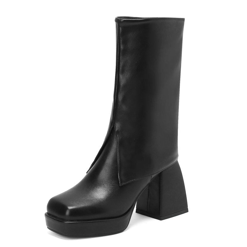 SP MID Platform Thick High Faux Leather Square Toe BOOTS