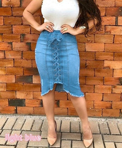Summer Denim Skirt Women Fashion High Wasit Denim Bow Tie Sexy Slim Fit Hole Ripper Jeans Plus Size Solid Color Female Skirts