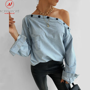 Fashion Women Denim T-Shirts for Streetwear Patchwork Design Button Decor Slash Neck Long Sleeve Spring Autumn Casual Loose Top