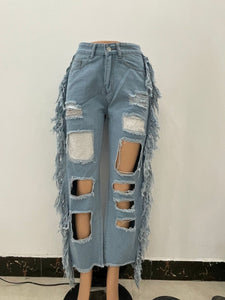 SP 2022 New Women Sexy High Waist Jeans Loose Hole Tassels Wide Leg Pants Diamond Fragments