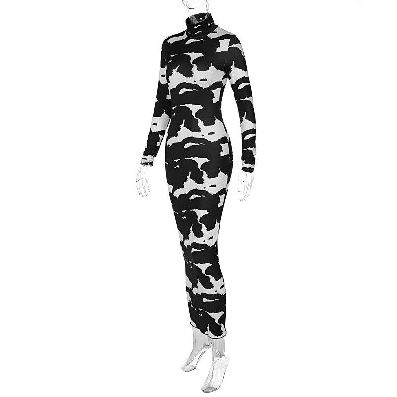 WJFZQM Sexy Women Turtleneck Long Sleeve The Cow Printing Dress Fashion Clubwear Party Long Dress Bodycon Women Dresses Autumn