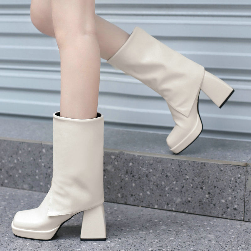 SP MID Platform Thick High Faux Leather Square Toe BOOTS