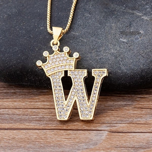 New Luxury Copper Zircon A-Z Crowned King Queen Alphabet Pendant Necklace Punk Hip-Hop Style Fashion  Initial Name Jewelry