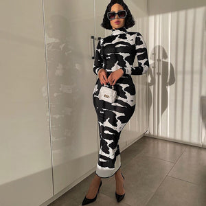 WJFZQM Sexy Women Turtleneck Long Sleeve The Cow Printing Dress Fashion Clubwear Party Long Dress Bodycon Women Dresses Autumn