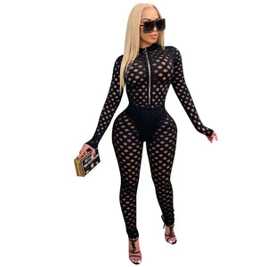 Stellys Place Hollow Out Sheer Sexy Rompers Jumpsuit Women Front Zipper Long Sleeve Night Out Club Party Bodycon One Piece Overalls for Women