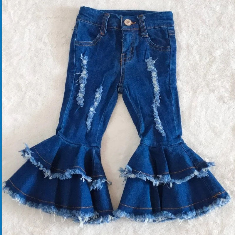 Wholesale Baby Girls Pants Denim Bell Bottom Kids Boutique Fashionable Bleach Children Toddler Blue Cute Jeans Trousers Clothes