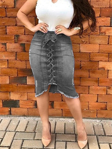 Summer Denim Skirt Women Fashion High Wasit Denim Bow Tie Sexy Slim Fit Hole Ripper Jeans Plus Size Solid Color Female Skirts