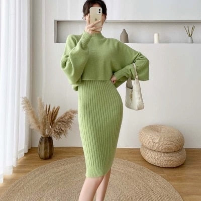 SP New Fall/Winter Bat Sleeve O-Neck Soft Sweater Knitted Vest Long Dress Two-Piece Dress Sets Femme