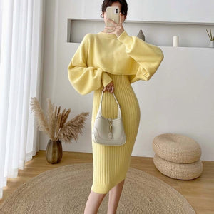 SP New Fall/Winter Bat Sleeve O-Neck Soft Sweater Knitted Vest Long Dress Two-Piece Dress Sets Femme