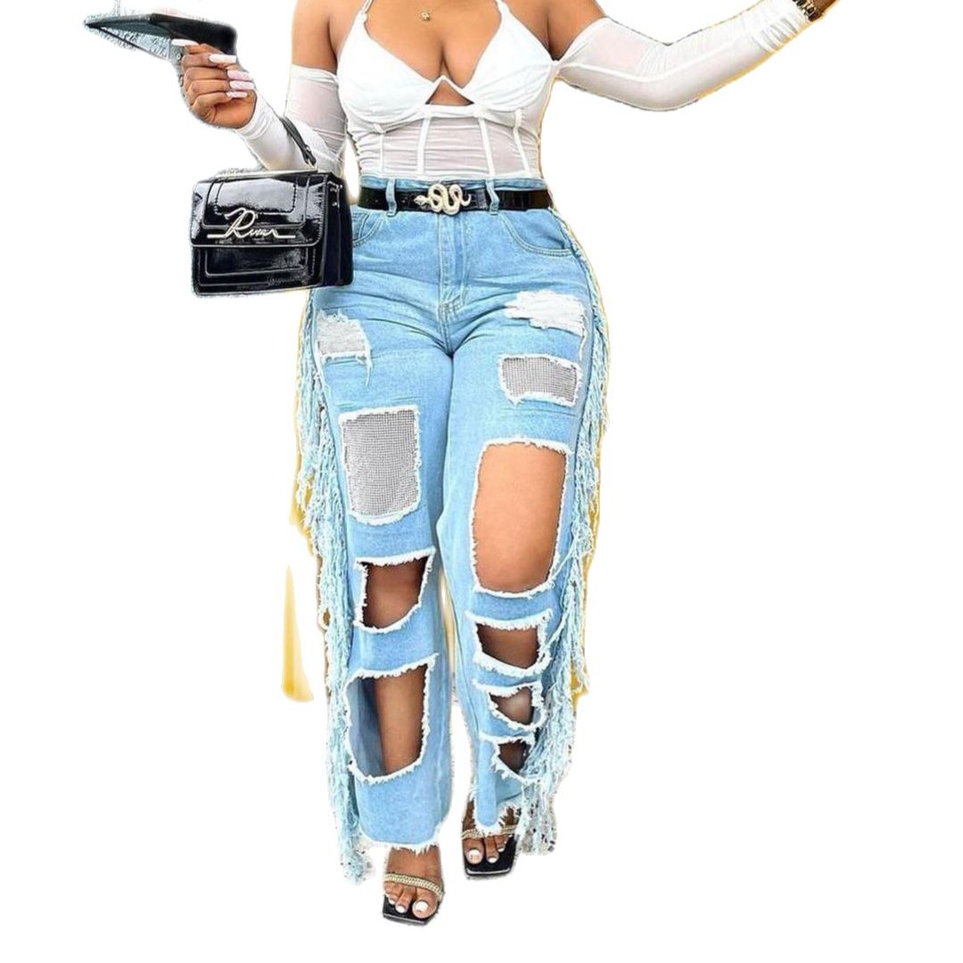 SP 2022 New Women Sexy High Waist Jeans Loose Hole Tassels Wide Leg Pants Diamond Fragments