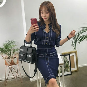 SP Ladies Casual Knitted Suit New Spring Fashion Women 2 Piece Set Round Neck Sweater Tops Sheath Split Dress Knit