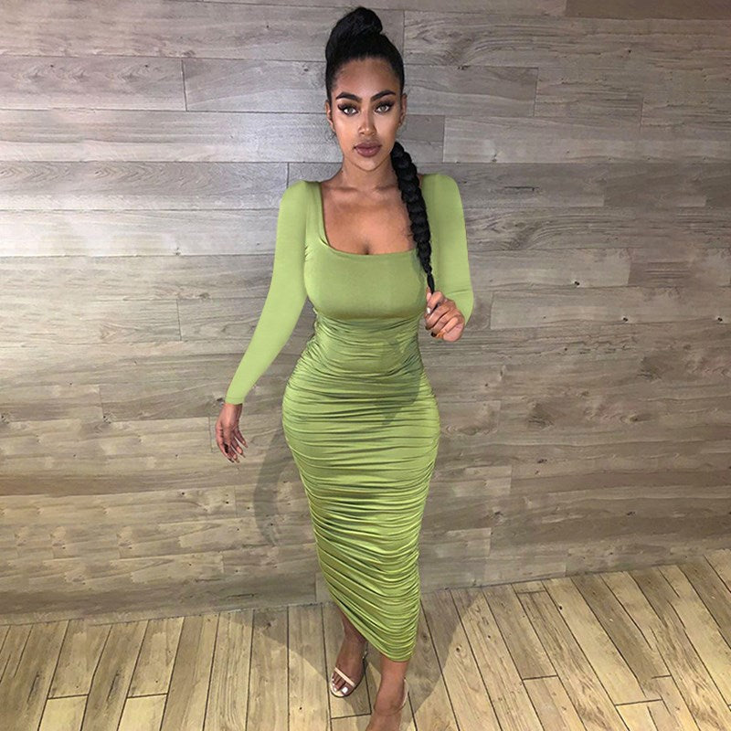 WJFZQM 2021 Long Sleeve Square Collar Bodycon Ruched Green Maxi Dresses Autumn Winter Women Backless Pleated Party Club Clothing
