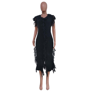 SP Joskaa Knitted Solid Round Neck Sleeveless Tassel Slit Midi Dresses Women