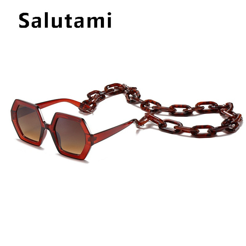 Unique Sunglasses Chain Set For Women 2022 Luxury Brand Polygon Square Sun Glasses Female Vintage Punk Eyewear Beige Men Shades