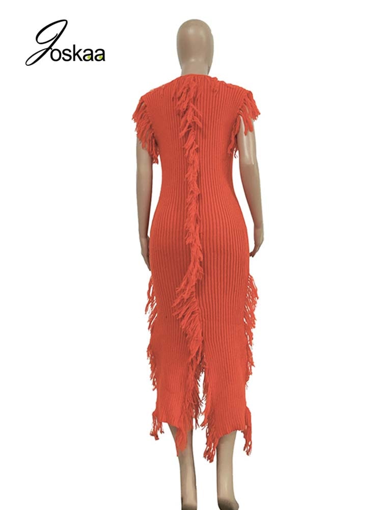 SP Joskaa Knitted Solid Round Neck Sleeveless Tassel Slit Midi Dresses Women