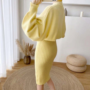 SP New Fall/Winter Bat Sleeve O-Neck Soft Sweater Knitted Vest Long Dress Two-Piece Dress Sets Femme