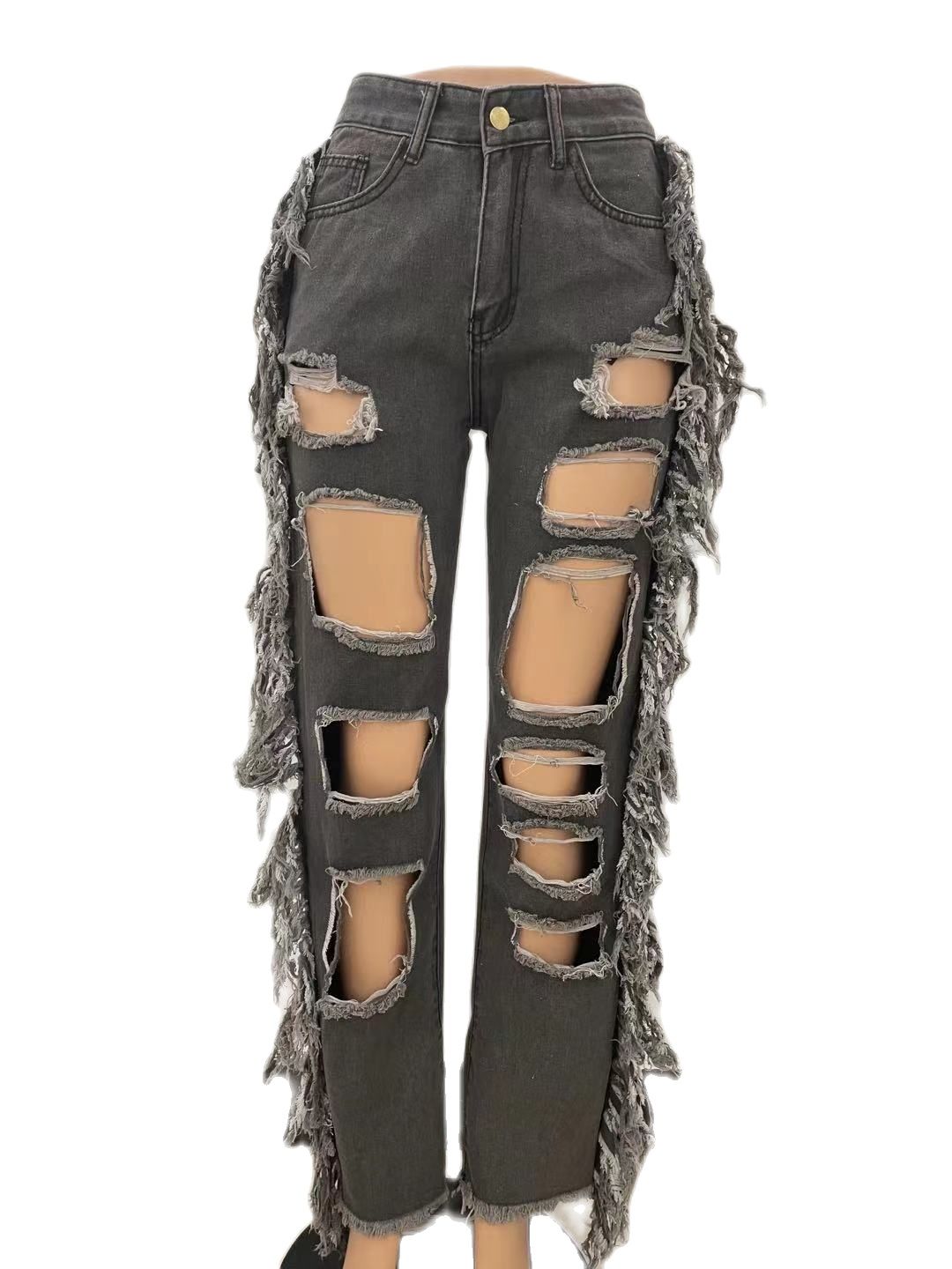 SP 2022 New Grey Hole Tassel Jeans Women& Straight Pants Ripped Jeans Streetwear