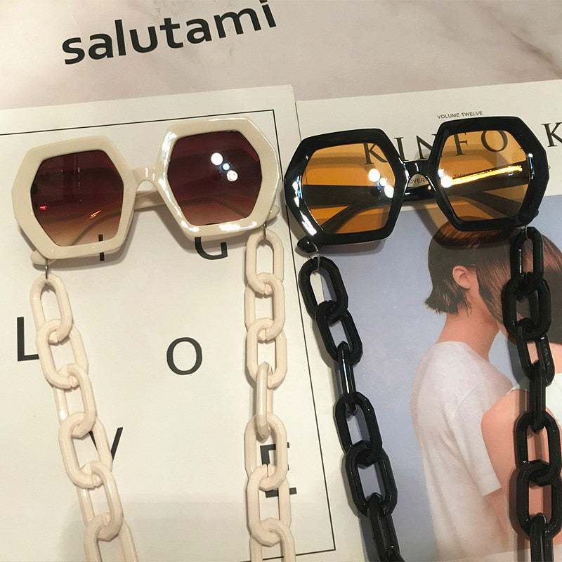 Unique Sunglasses Chain Set For Women 2022 Luxury Brand Polygon Square Sun Glasses Female Vintage Punk Eyewear Beige Men Shades