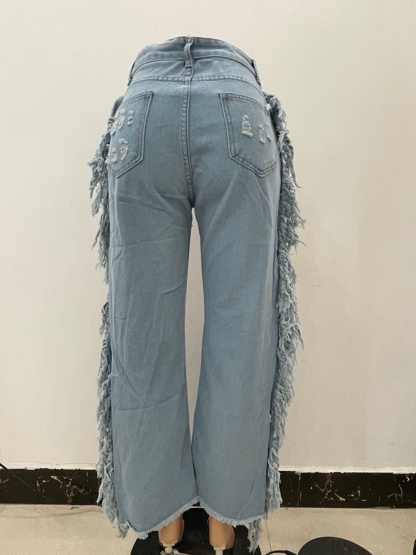 SP 2022 New Women Sexy High Waist Jeans Loose Hole Tassels Wide Leg Pants Diamond Fragments
