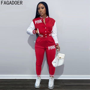 SP FAGADOER Pink Printed Baseball Coat Pants Two Piece Sets Spring Fall Outfits Womens Track Suits Casual Fashion Streetwear