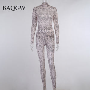 Sexy Sheer Mesh Two Piece Set Bodysuit + Pants Matching Sets Autumn Letter Print Outfits for Women Club Bodycon Two Piece Set