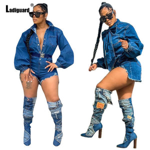 SP Ladiguard Sexy Tie Flower Jeans Playsuits Women Casual Denim Skinny Overalls Ripped Demin Jumpsuits