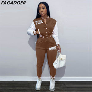 SP FAGADOER Pink Printed Baseball Coat Pants Two Piece Sets Spring Fall Outfits Womens Track Suits Casual Fashion Streetwear