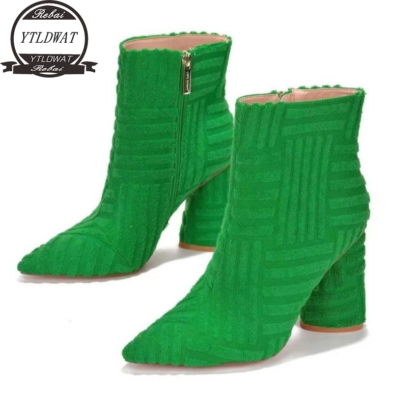 SP Ankle Boots Green Pointed Toe Roman Denim Square Heel Side Zipper Boots SIZE5 12