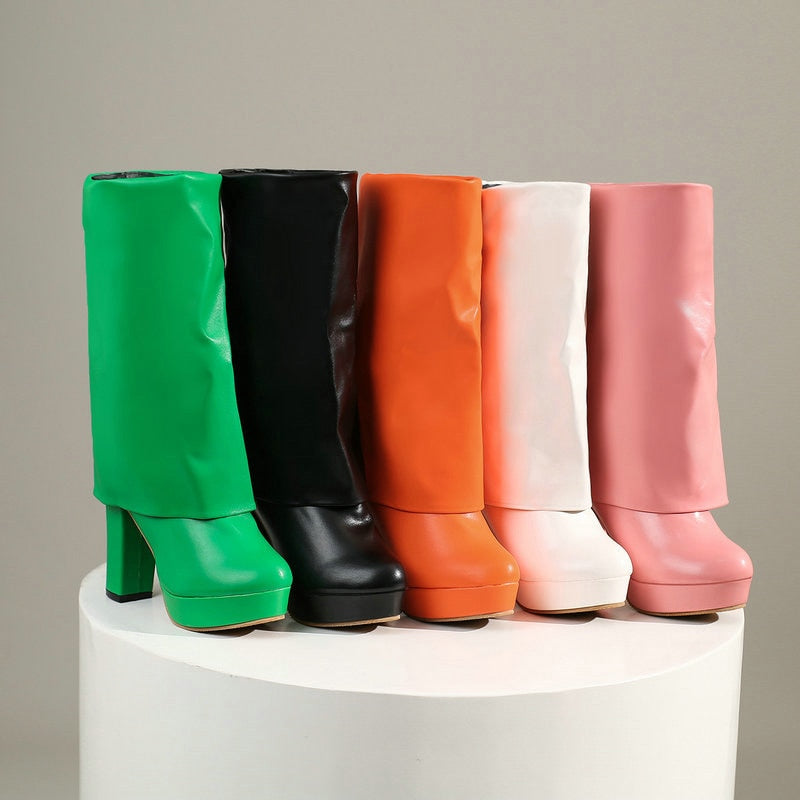 SP Mid-Calf Boots Platform PU Leather Round Toe Side Zipper Shoes