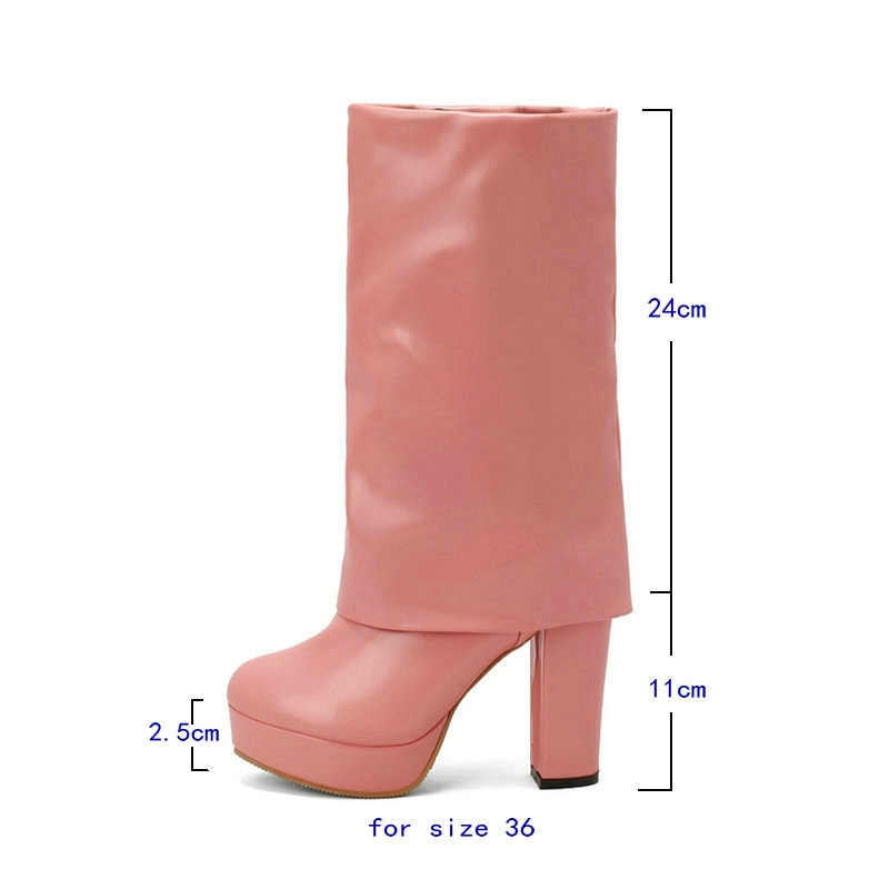 SP Mid-Calf Boots Platform PU Leather Round Toe Side Zipper Shoes