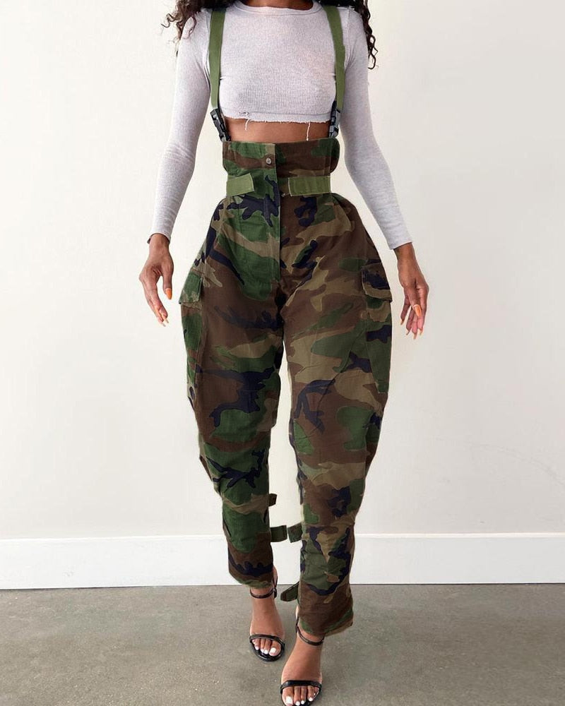 SP Camouflage Print High Waist Cargo Suspender Pocket Design Loose Trousers Lady Clothing