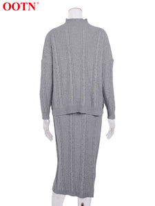 SP OOTN Gray 2 Piece Set Turtleneck Pullovers Long Skirt Office Ladies Autumn Winter Warm Women's Sweaters Suit