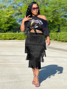 SP Knotted Printed T Shirt + Fringe Skirt 2 Piece Set Elegant   Streetwear