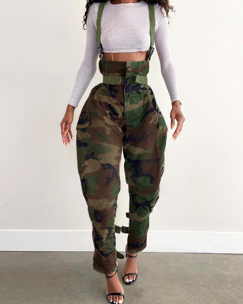 SP Camouflage Print High Waist Cargo Suspender Pocket Design Loose Trousers Lady Clothing