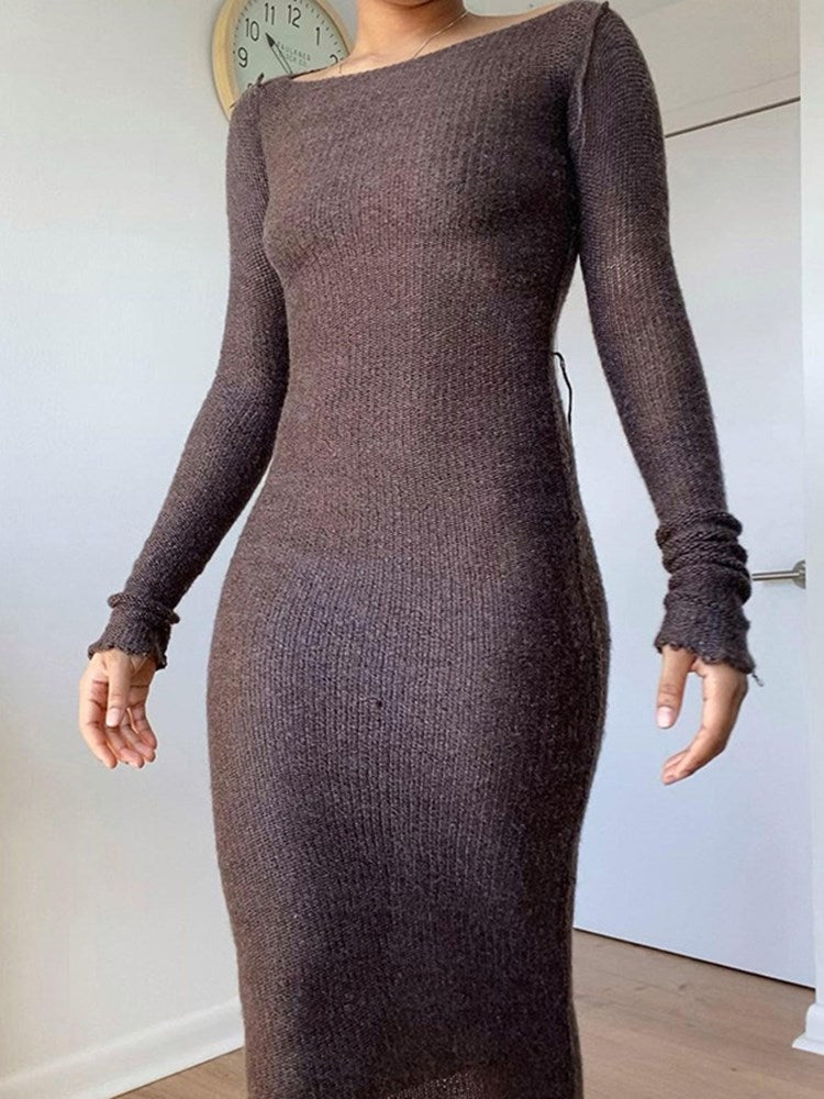 STELLY'S PLACE WJFZQM New Knitted Bodycon Dress Fairy Casual Fashion Streetwear Women Autumn Y2K Solid O-neck Long Sleeve Maxi Dresses
