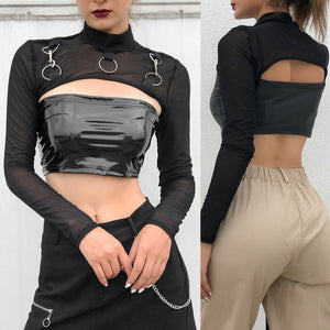 Fashion Women Lady Mesh Long Sleeve O Neck Crop Tops Bikini Cover Up T-Shirt Blouse Sexy Girls Autumn