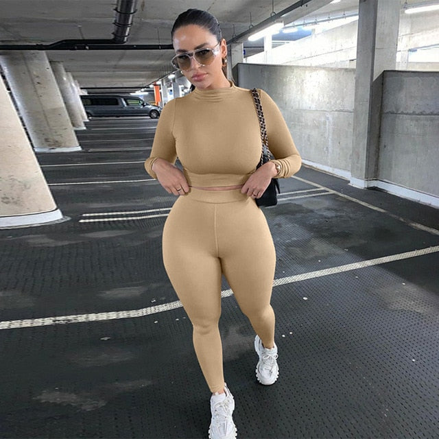 Two Piece Sets Women Solid Autumn Tracksuits High Waist Stretchy Sportswear Hot Crop Tops And Leggings Matching Outfits