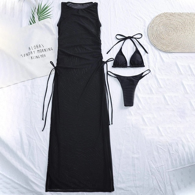 In-X Black 3 pieces set High neck swimwear female swimsuit cover-ups for women Skirts bikini Halter triangle bathing suit 2021