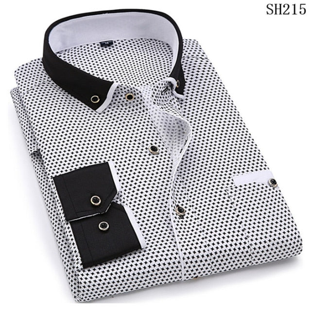 Stellys Place Fashion Print Casual Men Long Sleeve Button Shirt Stitching Pocket Design Fabric Soft Comfortable For Men Dress Slim Fit 4XL 8XL