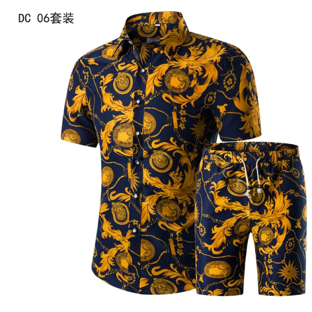Stellys Place Summer Mens Fashion 2021 Gold Luxury Designer Shirts For Mens Set Fancy Hawaii Beachwear Floral Printed Mens Short Sleeve Club