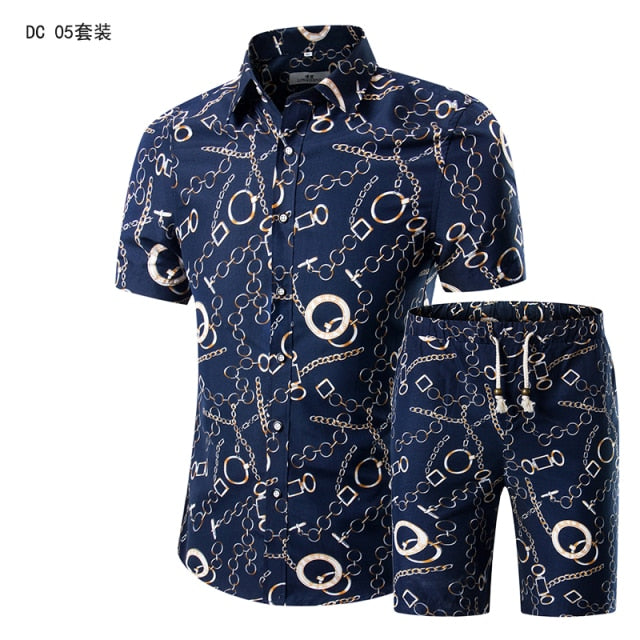 Stellys Place Summer Mens Fashion 2021 Gold Luxury Designer Shirts For Mens Set Fancy Hawaii Beachwear Floral Printed Mens Short Sleeve Club