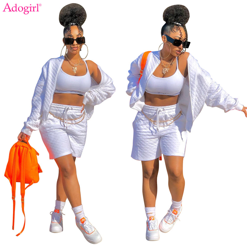 Adogirl Mercerized Cotton Solid  Casual Active Two Piece Set Zipper Long Sleeve Jacket Top Pockets Shorts Suit
