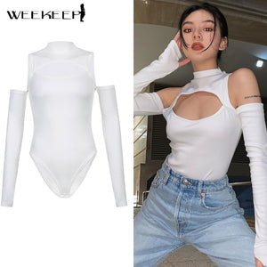 Weekeep Black Hollow Out Sexy Harajuku Bodysuit Womens Off Shoulder Streetwear Party Club Body Jumpers White Rompers Ladies 2021