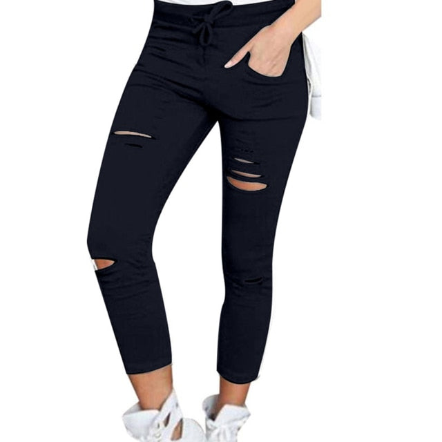 Plus Size Solid Color Drawstring High Waist Pencil Pants Ripped Skinny Leggings Elastic Sexy Skinny Thin-Section Pants For Women