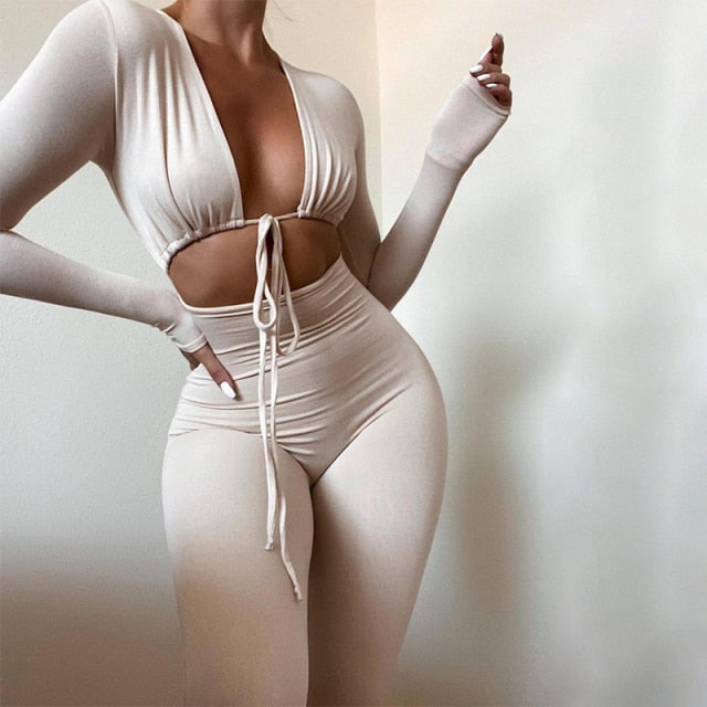 Stellys Place Chicology Women Summer Black Jumpsuits Bandage Tie Sexy Hollow Out Long Sleeve Bodycon Sexy Pants Suits Clothes