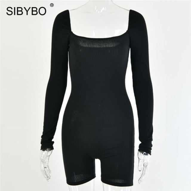 Sibybo Ribbed Square Collar Sexy Rompers Womens Jumpsuit Black Long Sleeve Skinny Playsuit 2021 Fall Lucky Label Jumpsuits Short