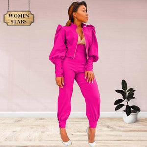 Stelly'sPlace Two Pieces Set Women Outfits Tracksuit Women Puff Sleeve Zip Top Elastic Waist Pencil  Pants Fall Clothes