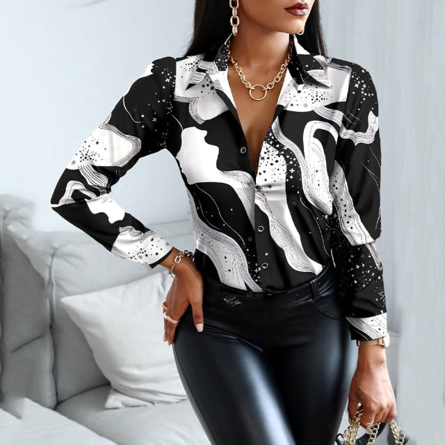 Blouses Woman Casual Office Print Shirts Autumn Fashion Button Long Sleeve White Shirt Elegant Patchwork Slim Tops Women 2021