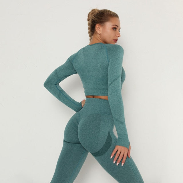 Women&#39;s Sets Skinny Tracksuit Breathable Bra Long Sleeve Top Seamless Outfits High Waist Push Up Leggings Gym Clothes Sport Suit
